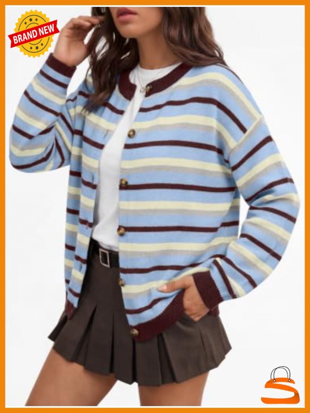 Striped Button Front Cardigan Sweater Cotton Blend Long Sleeve - Picture 2 of 5